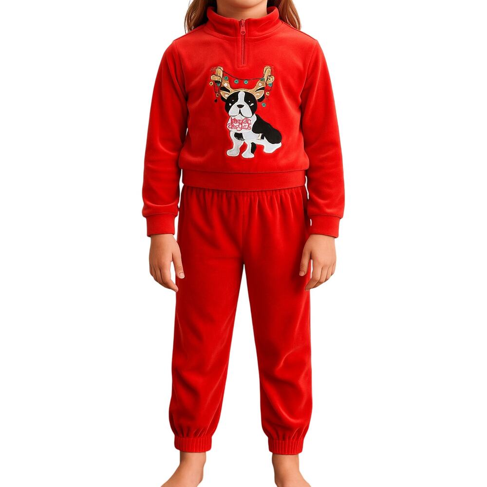 Poof Girl Kids Red Velour Christmas Bulldog Jogger Set – Girls Size Medium